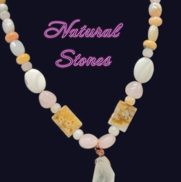 Vintage Handmade Jewelry - Artisan Natural Stone Necklace Quartz Rose Quartz Jasper Raw Quartz Pendant